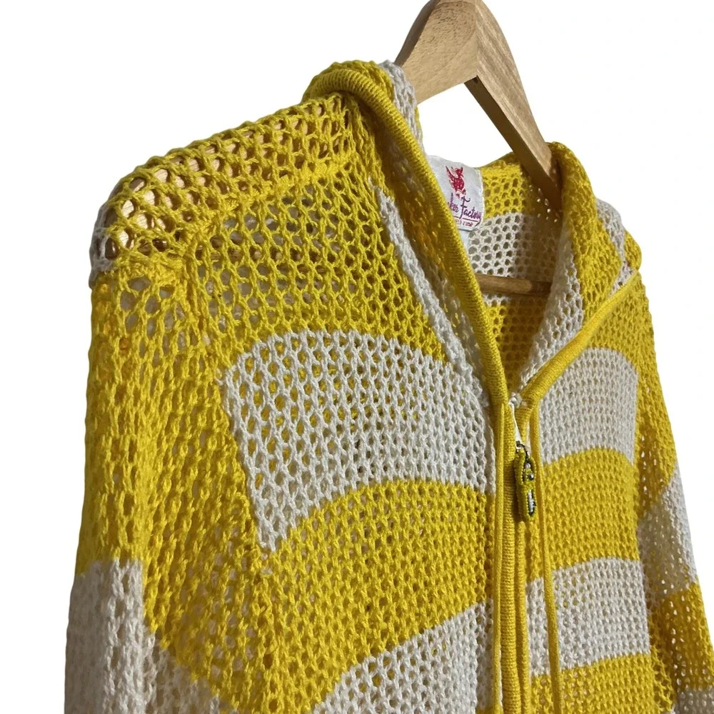 Quacker Factory Women's 2X Yellow White Mesh Hooded Fulll Zip Jacket Beachy